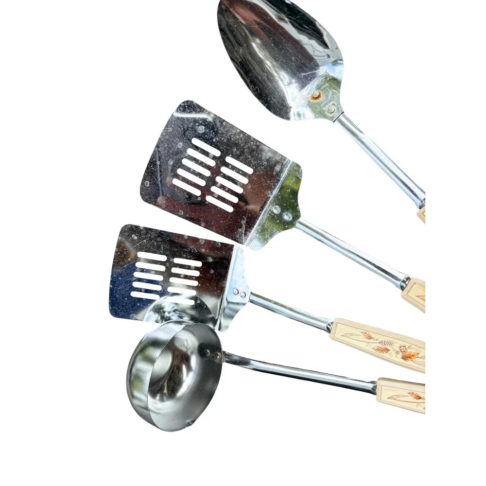Vintage 4pc Kitchen EKCO Utensil Set Wheat Stainless Steel Ladle Spatula Spoon